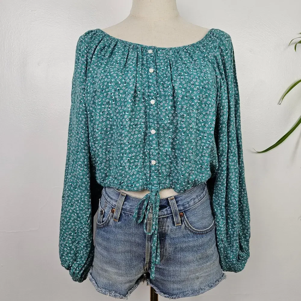 American Eagle Off The Shoulder Crop Blouse Top L Teal Floral Long Sleeve Bubble